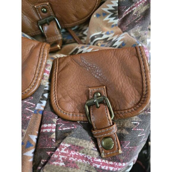 Vintage Wall Flower Womens Brown Faux Leather & Aztec Canvas Backpack W Buckles - Picture 7 of 11